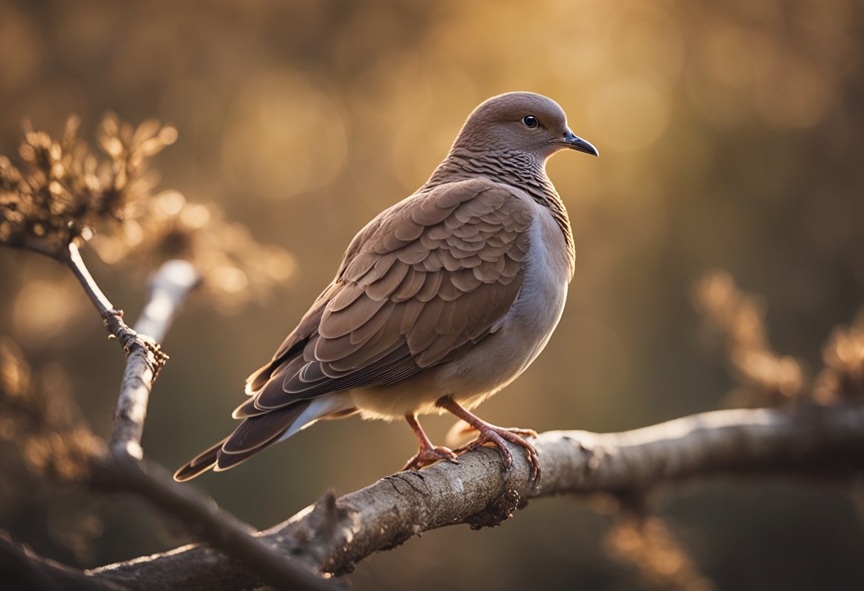 A brown dove perched on a weathered branch, surrounded by soft, ethereal light, symbolizing peace and spirituality