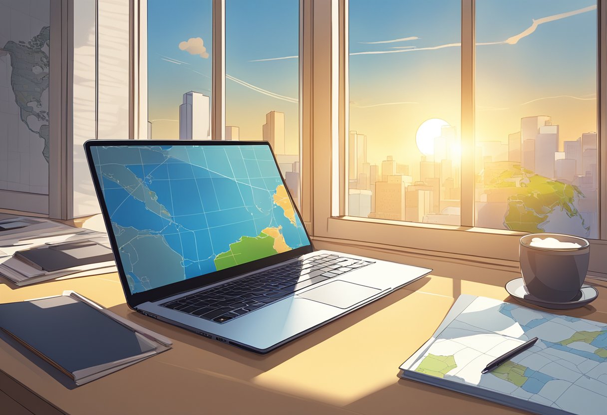 A laptop open on a desk, with a pen and notebook nearby. Sunlight streaming through the window