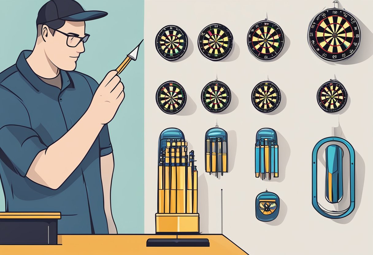 A hand selecting different weighted darts from a display, a scale nearby for comparison