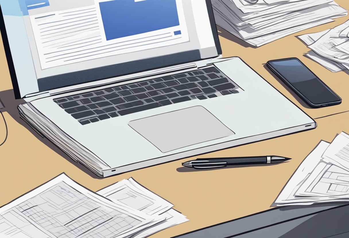 A laptop with paperwork scattered around on the desk.