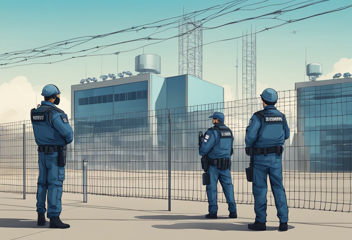 A group of security guardians stand watch over a building barbed wire fencing in the background.