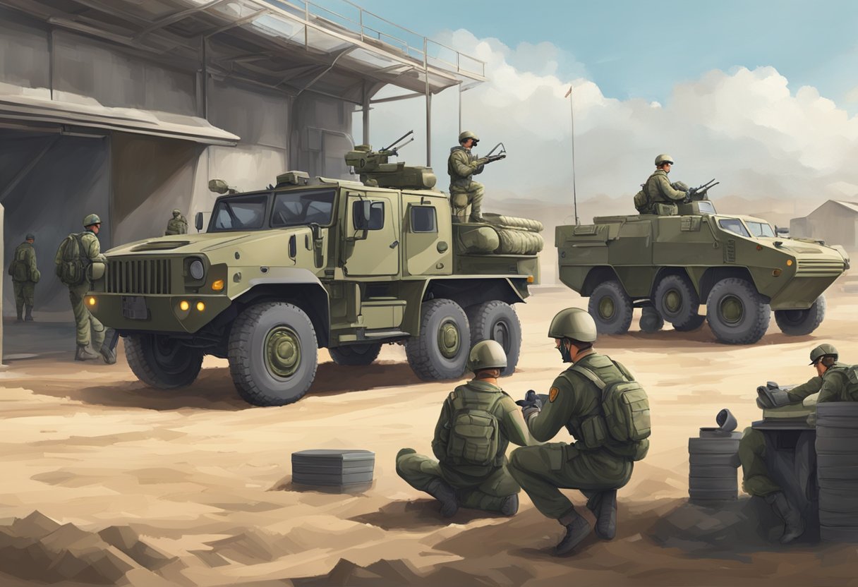 A group of military vehicles and aircraft are stationed on a secure base, with uniformed personnel conducting maintenance and security checks