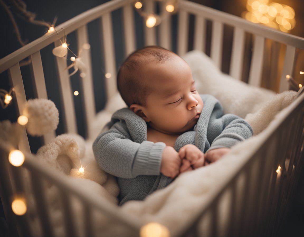 A peaceful sleeping baby surrounded by soft blankets and a crib, with a gentle nightlight casting a warm glow in the room