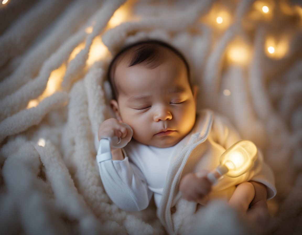 A peaceful sleeping baby surrounded by soft blankets and a pacifier nearby, with a gentle nightlight casting a warm glow in the room