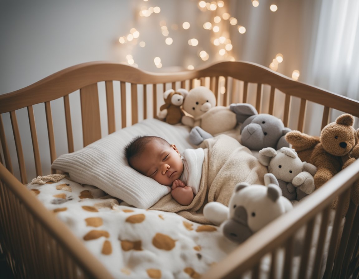 A crib with soft bedding and a sleeping baby, surrounded by stuffed animals and loose blankets