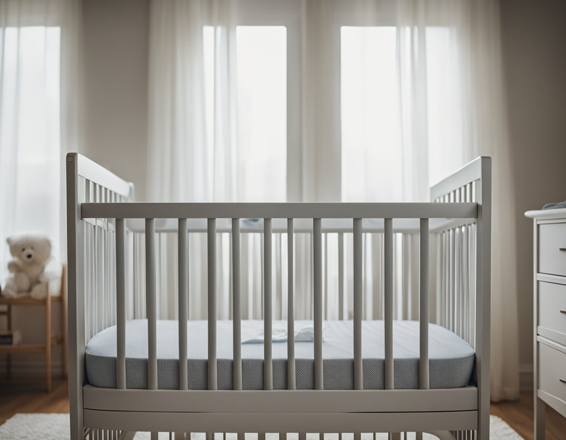 A crib with a firm mattress, fitted sheet, and no soft objects or loose bedding. A baby monitor and a pacifier nearby. Temperature control and a smoke-free environment