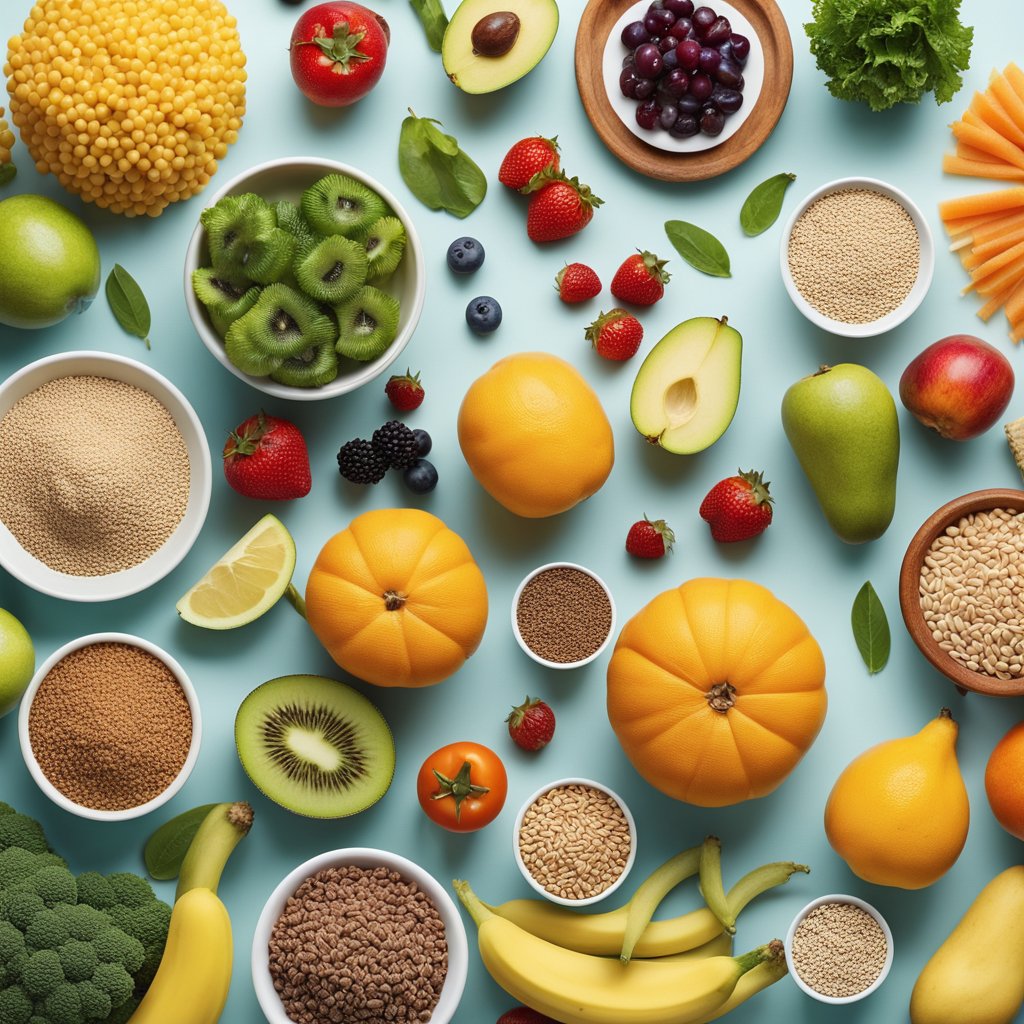 A colorful array of high-fiber foods, such as fruits, vegetables, and whole grains, with a prominent fiber supplement bottle