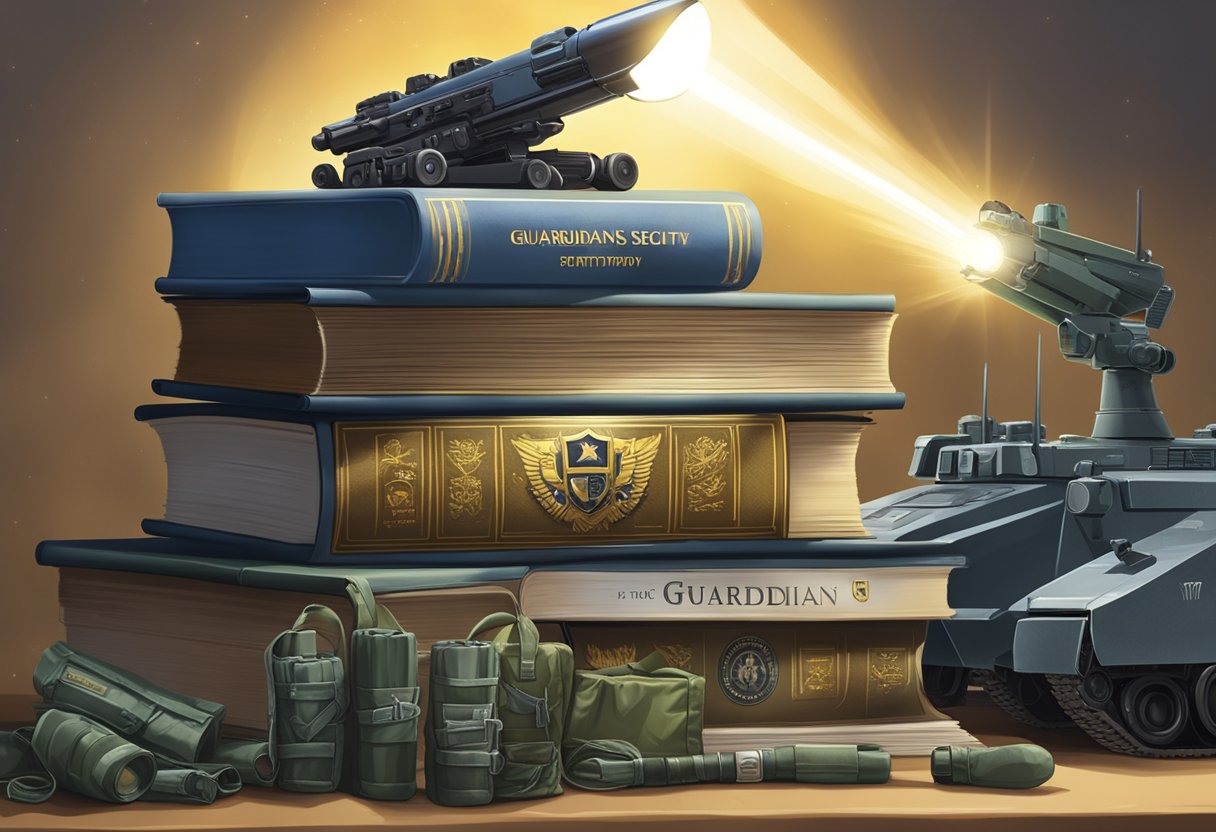 A stack of "Guardians of Security" books surrounded by military gear and equipment, with a spotlight shining down on the book cover