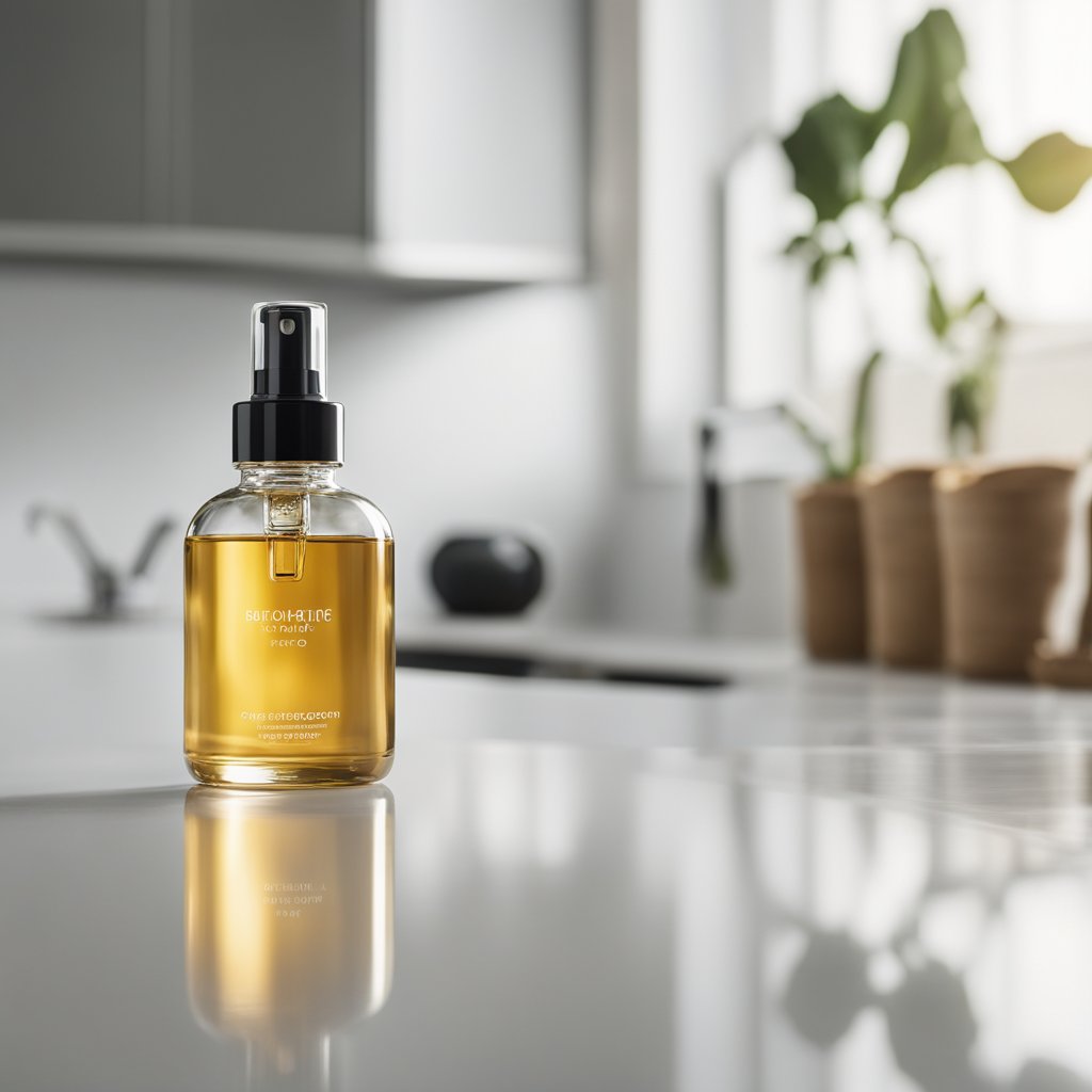 A bottle of hair oil sits on a clean, white countertop. Sunlight streams in, casting a soft glow on the sleek, minimalist packaging