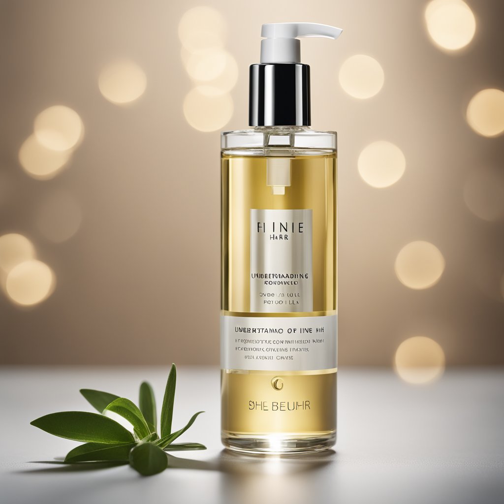 A bottle of "Understanding Fine Hair" hair oil sits on a sleek, modern vanity. The label features delicate, wispy strands of fine hair, and the oil inside appears light and translucent