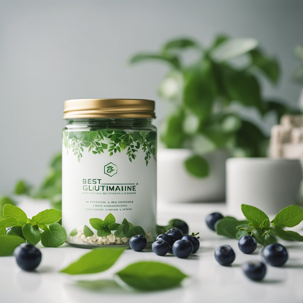 A jar of best l-glutamine sits on a clean, white countertop, surrounded by fresh green leaves and a few ripe berries, bathed in soft natural light