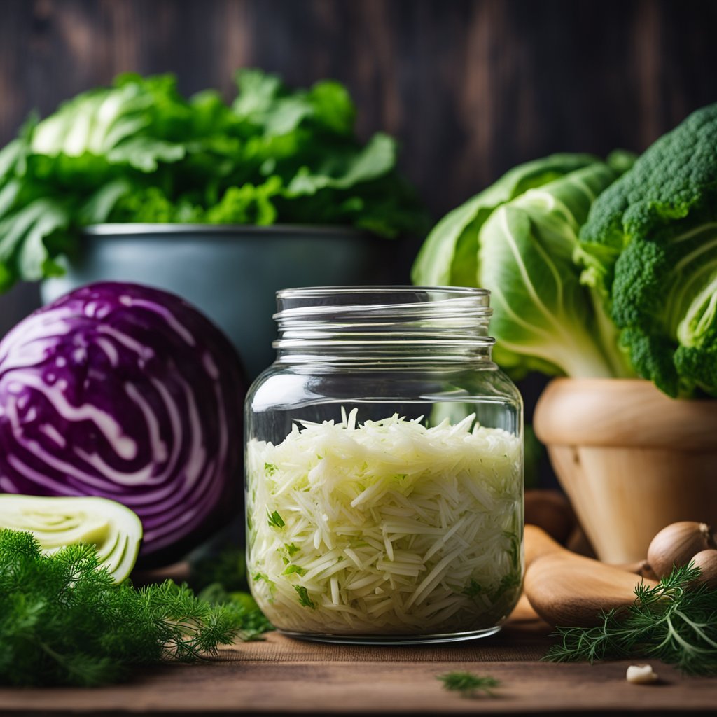 A jar of sauerkraut sits on a wooden table, surrounded by fresh cabbage, dill, and garlic. The vibrant colors and textures highlight its potential for gut health
