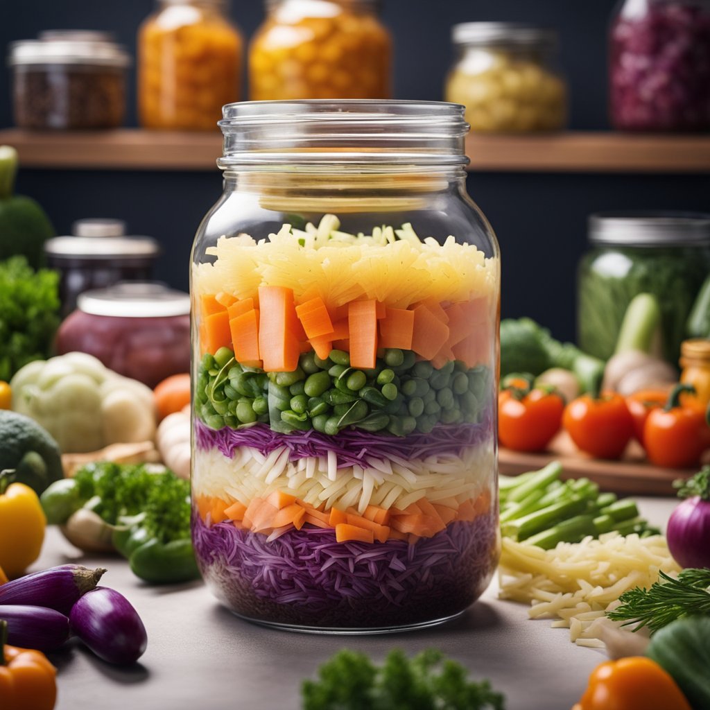 A jar of sauerkraut surrounded by colorful vegetables and a healthy gut microbiome, with a glowing aura emanating from the jar