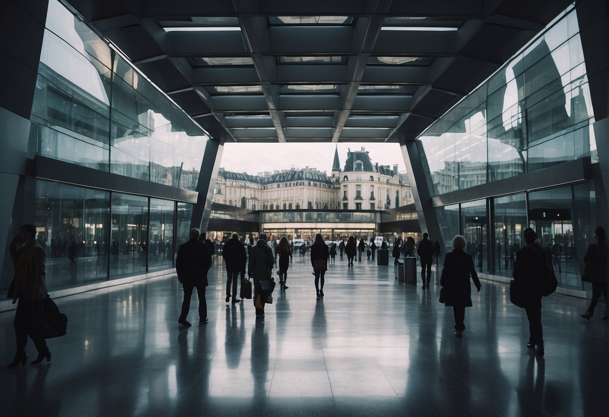 A bustling city street in France, with futuristic buildings and advanced technology. Government support for start-ups is evident through public infrastructure and innovative industrial developments