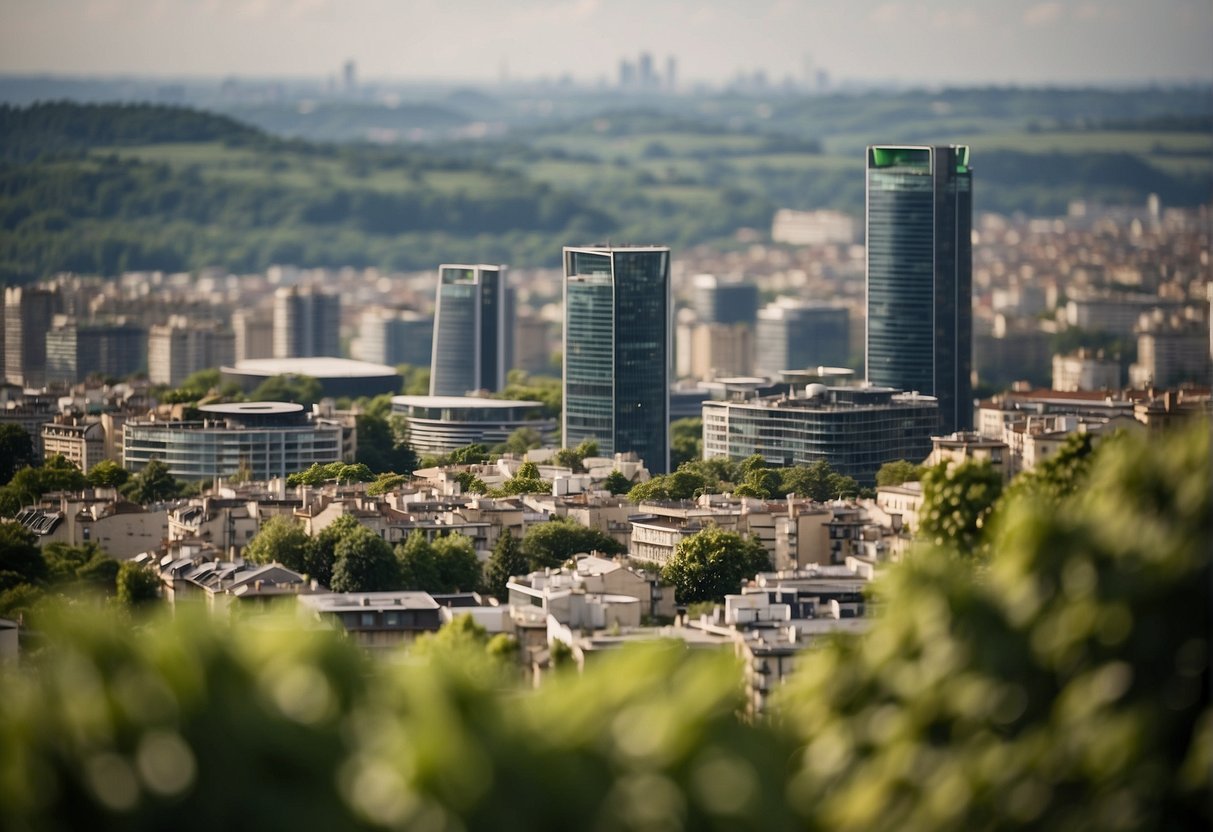 A bustling city skyline with renewable energy sources, green infrastructure, and innovative start-up companies receiving public support for ecological transition in France by 2030