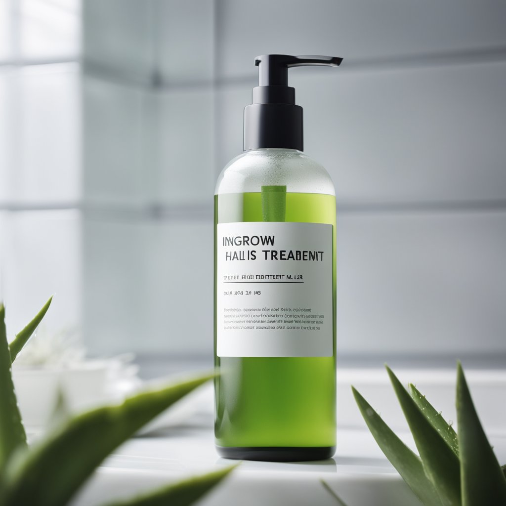 A bottle of ingrown hair treatment sits on a clean, white bathroom counter. The label is clear and easy to read, and the bottle is surrounded by fresh, green aloe leaves