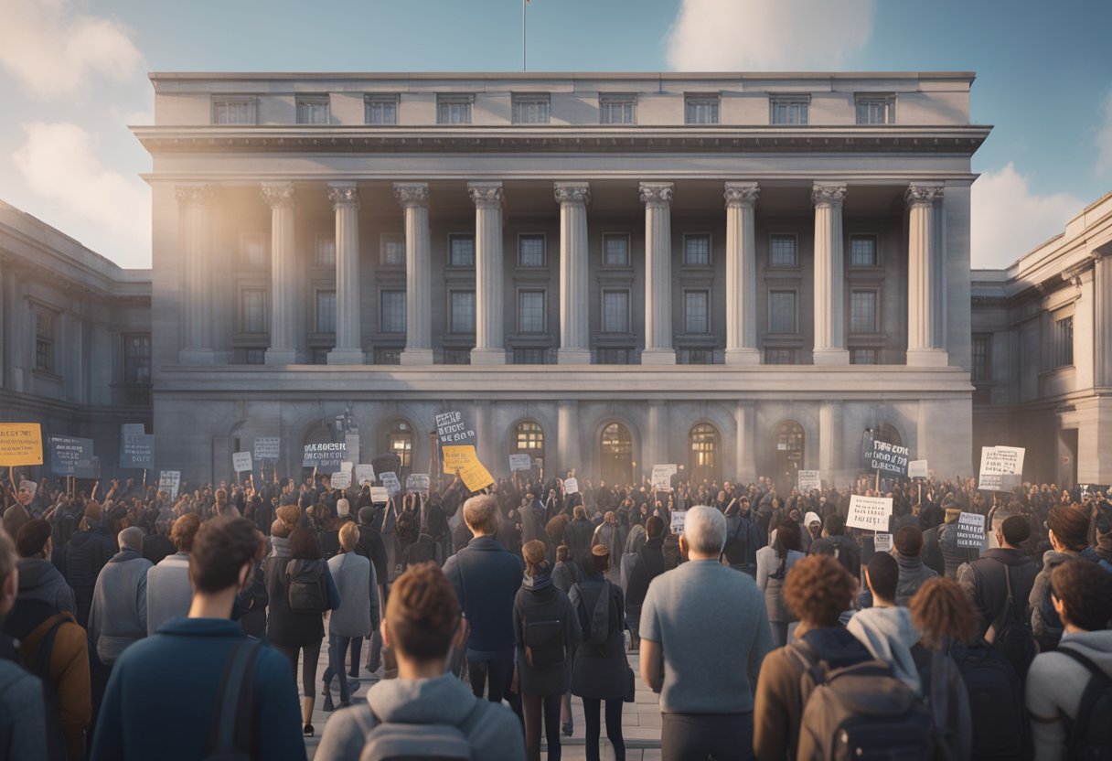 A group of people gather around a government building, holding signs and protesting the potential ban on vaping in the UK in 2024. The atmosphere is tense as emotions run high
