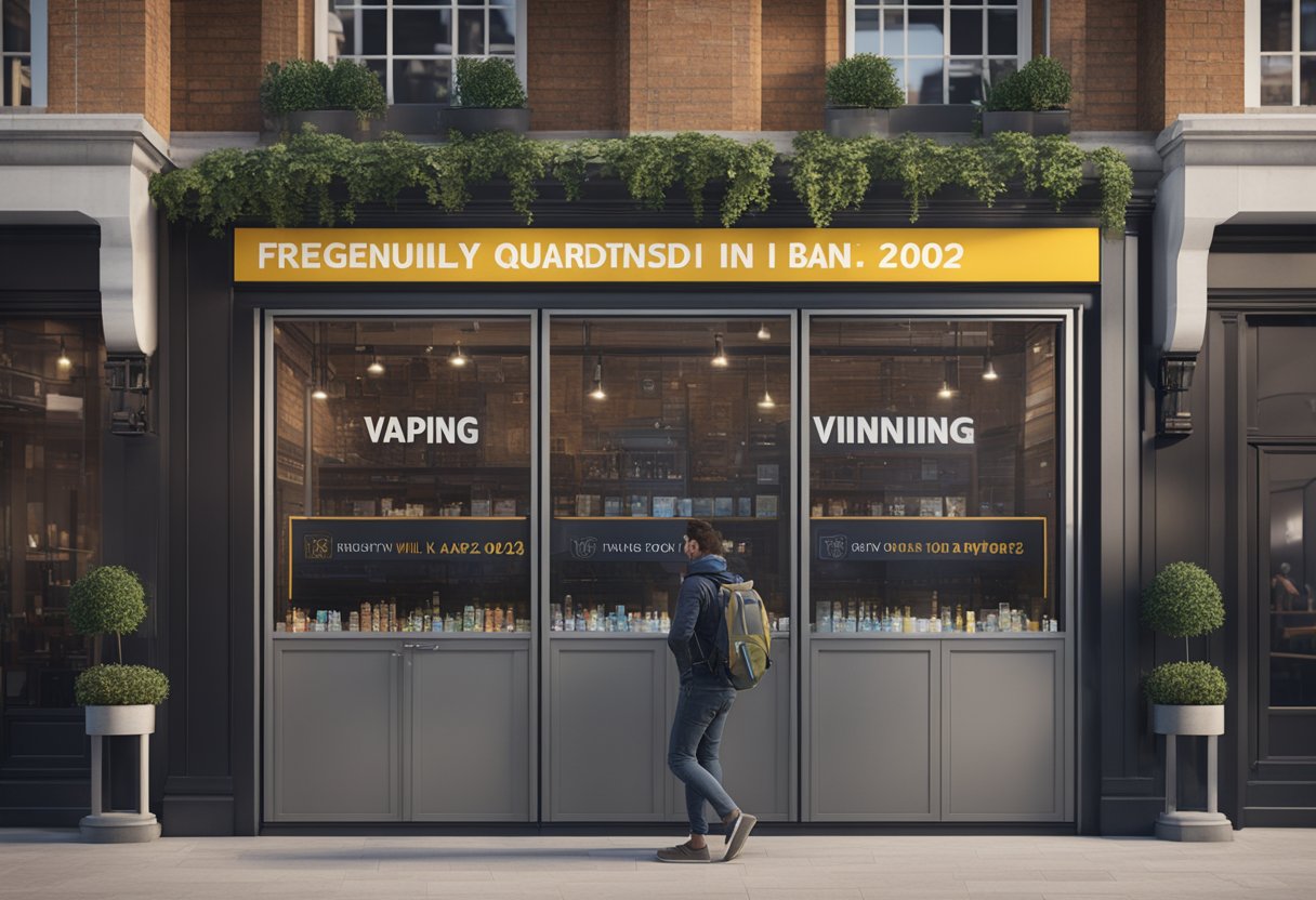 A sign reading "Frequently Asked Questions: Will the UK ban vaping in 2024?" displayed prominently in a public space