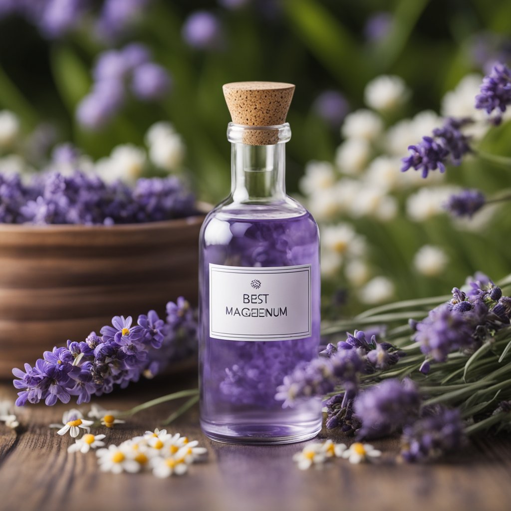A serene setting with a personified bottle of "best magnesium for anxiety" surrounded by calming elements like lavender, chamomile, and soothing music