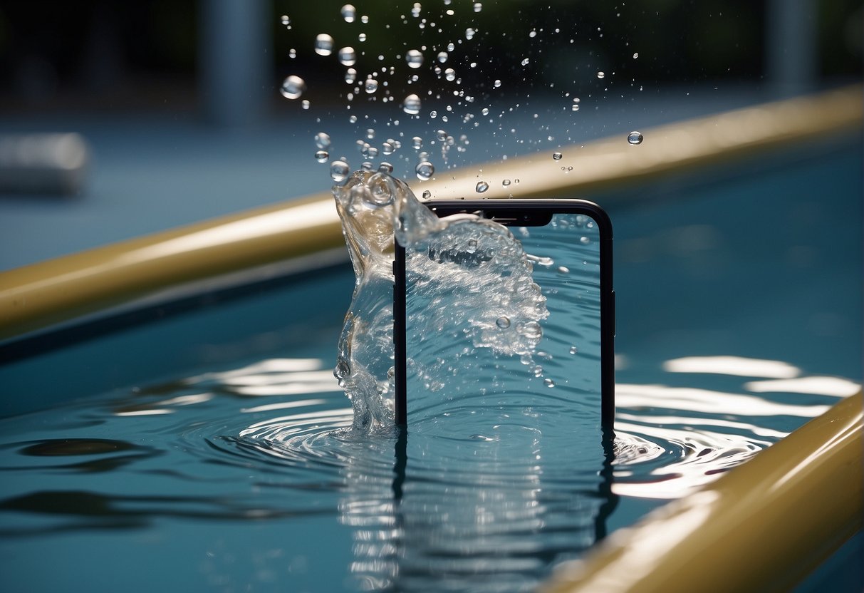 A cellphone falls into a pool of water, creating ripples on the surface. The device sinks and bubbles escape as it descends into the depths
