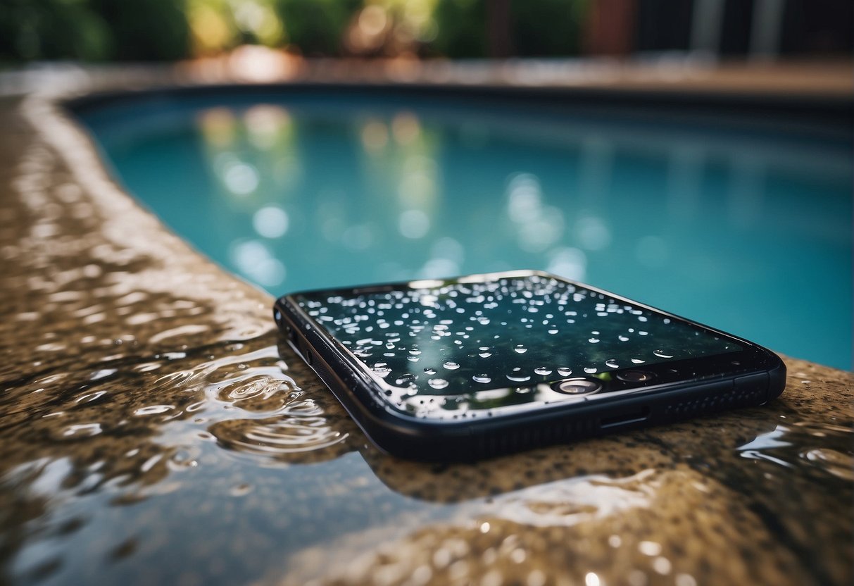 A wet cellphone lies on the ground next to a pool of water. A person stands nearby, looking concerned