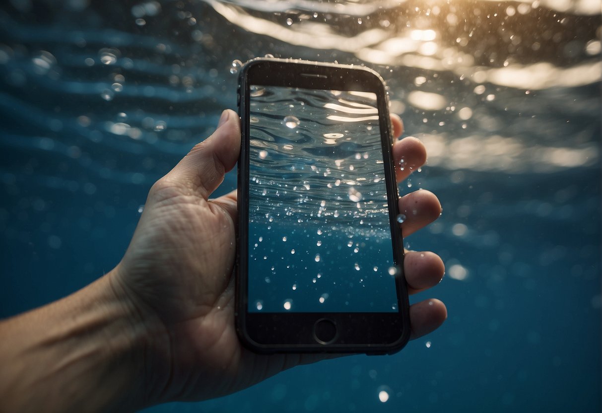 A cellphone submerged in water, with droplets cascading off the surface. A hand reaching out towards it, indicating a rescue attempt