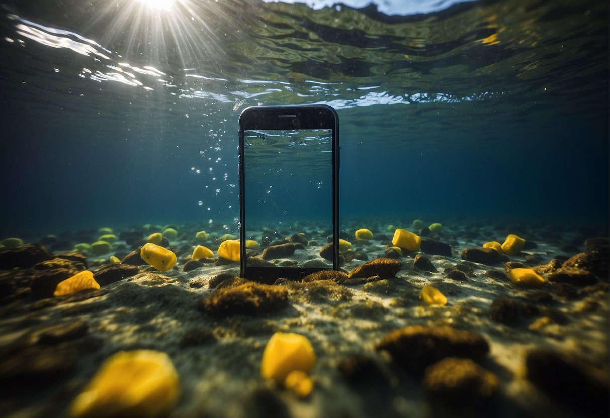 A cellphone submerged in water, with caution signs around it