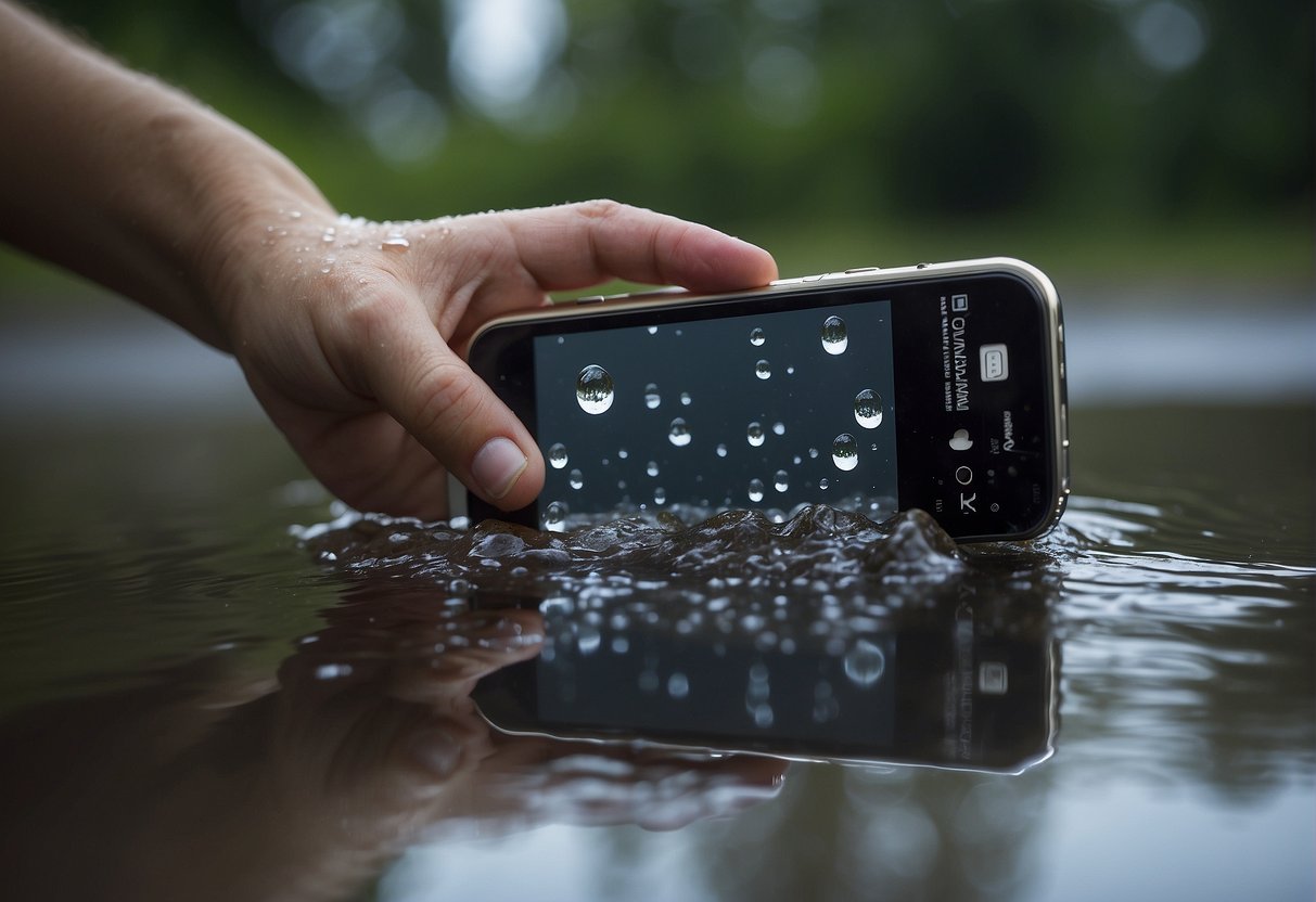 A cell phone sits in a puddle of water, with droplets on its surface. A hand reaches out to pick it up