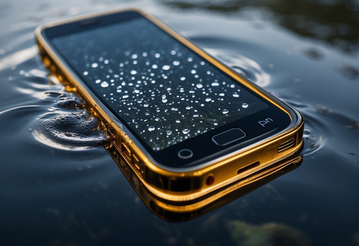 A cellphone submerged in water, with water droplets on the surface and a distressed expression on the screen