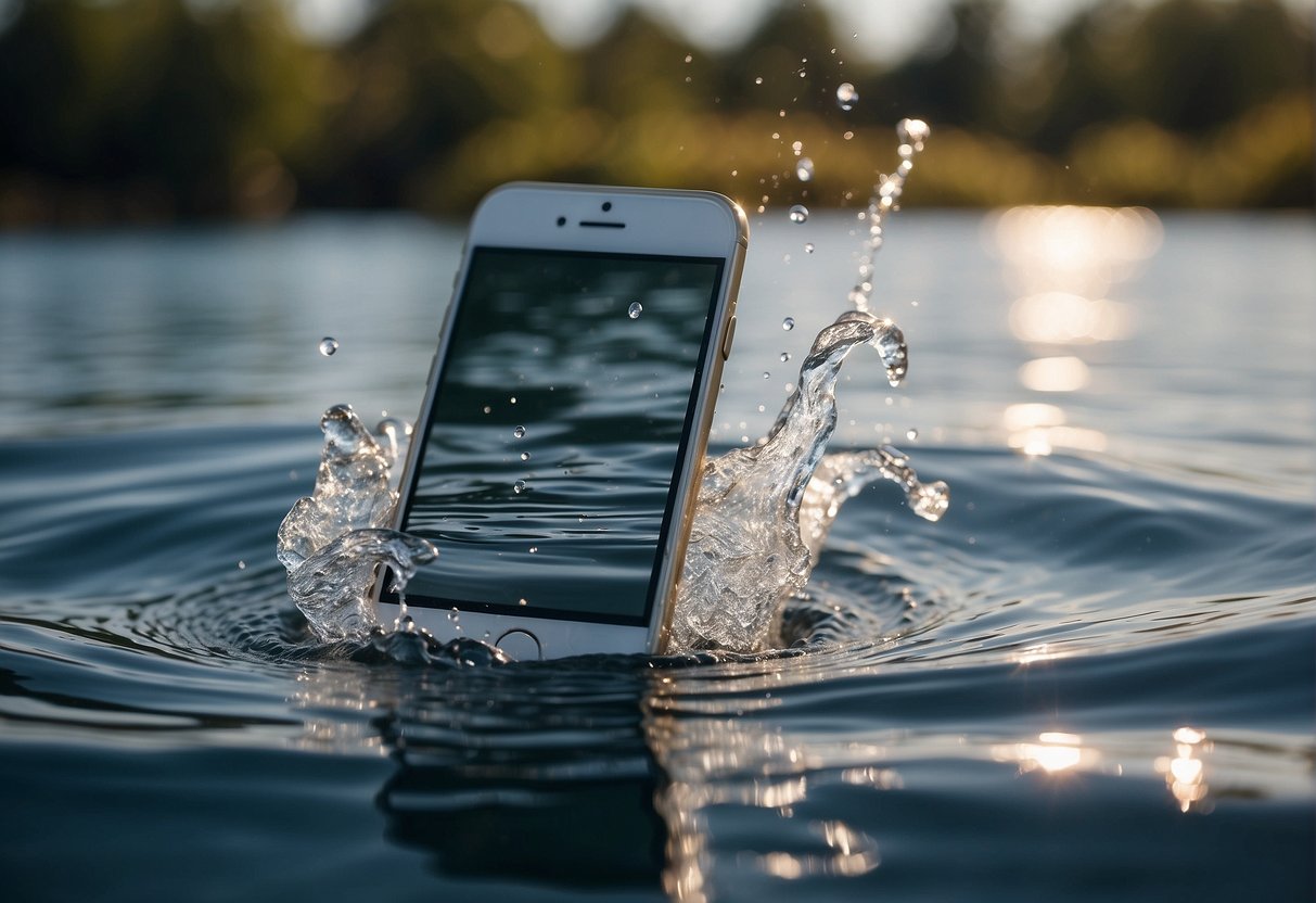 A phone dropped in water, with ripples spreading out from the impact. Suggestions for future situations written in the background