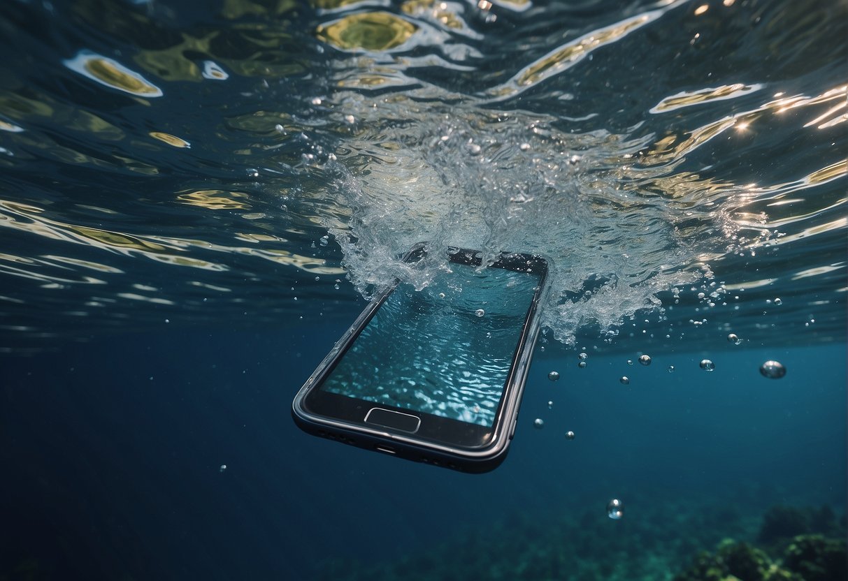 A cellphone falls into water, causing ripples and bubbles