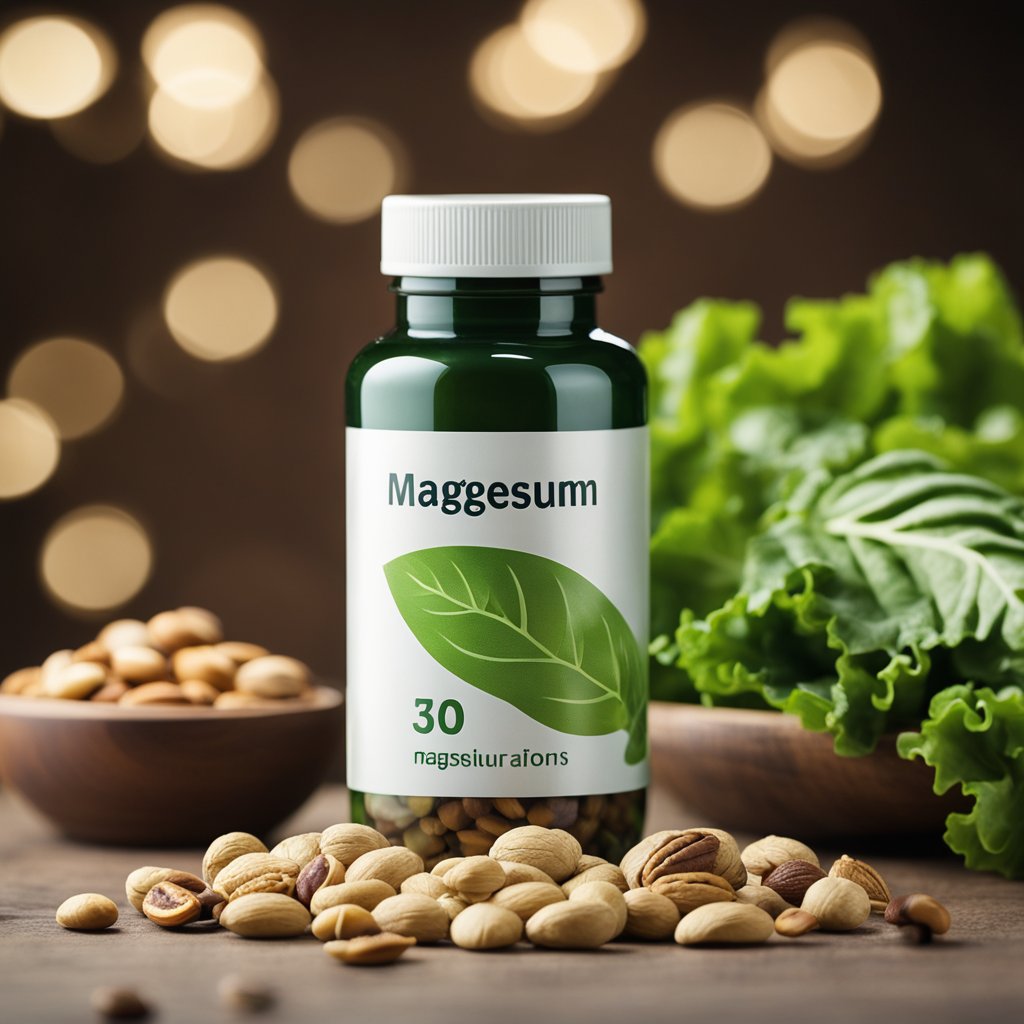 A bottle of magnesium complex supplement stands next to a pile of leafy greens and nuts, symbolizing its importance in a healthy diet