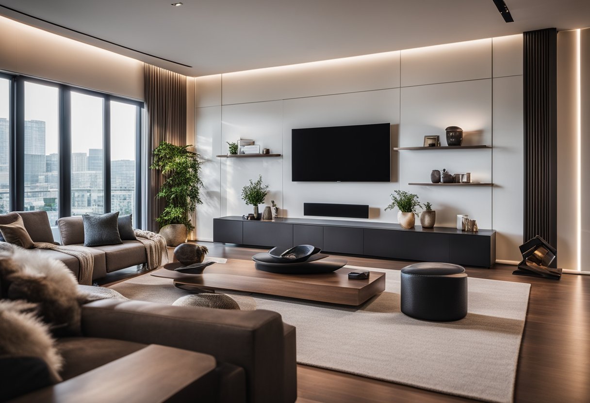 A cozy living room with a large flat-screen TV mounted on the wall, surrounded by a sleek sound system and comfortable seating, creating the perfect home theater setup