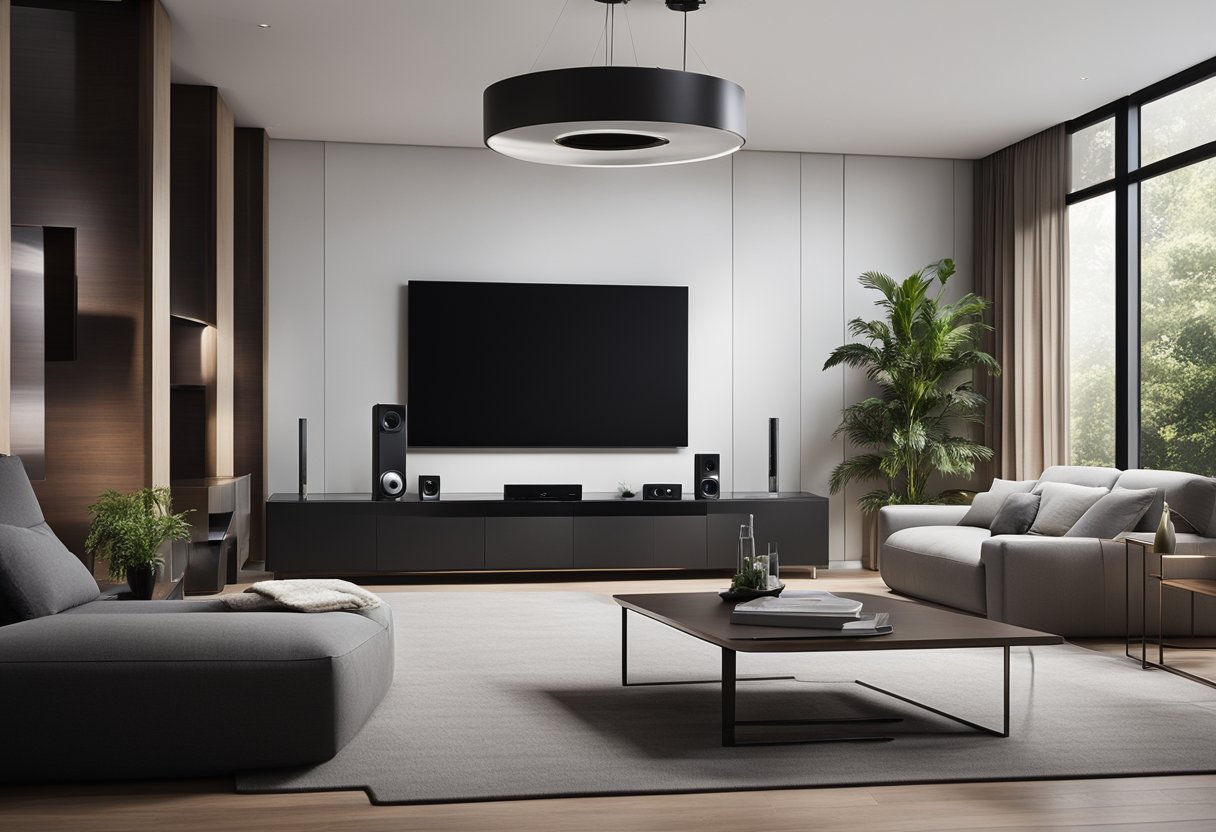 A sleek, modern living room with a large flat-screen TV, surround sound speakers strategically placed around the room, and a sleek, minimalist home theater system