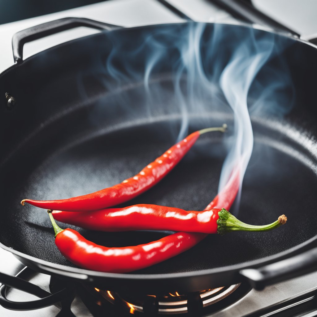 A fiery red chili pepper sizzling in a pan, emitting smoke and heat