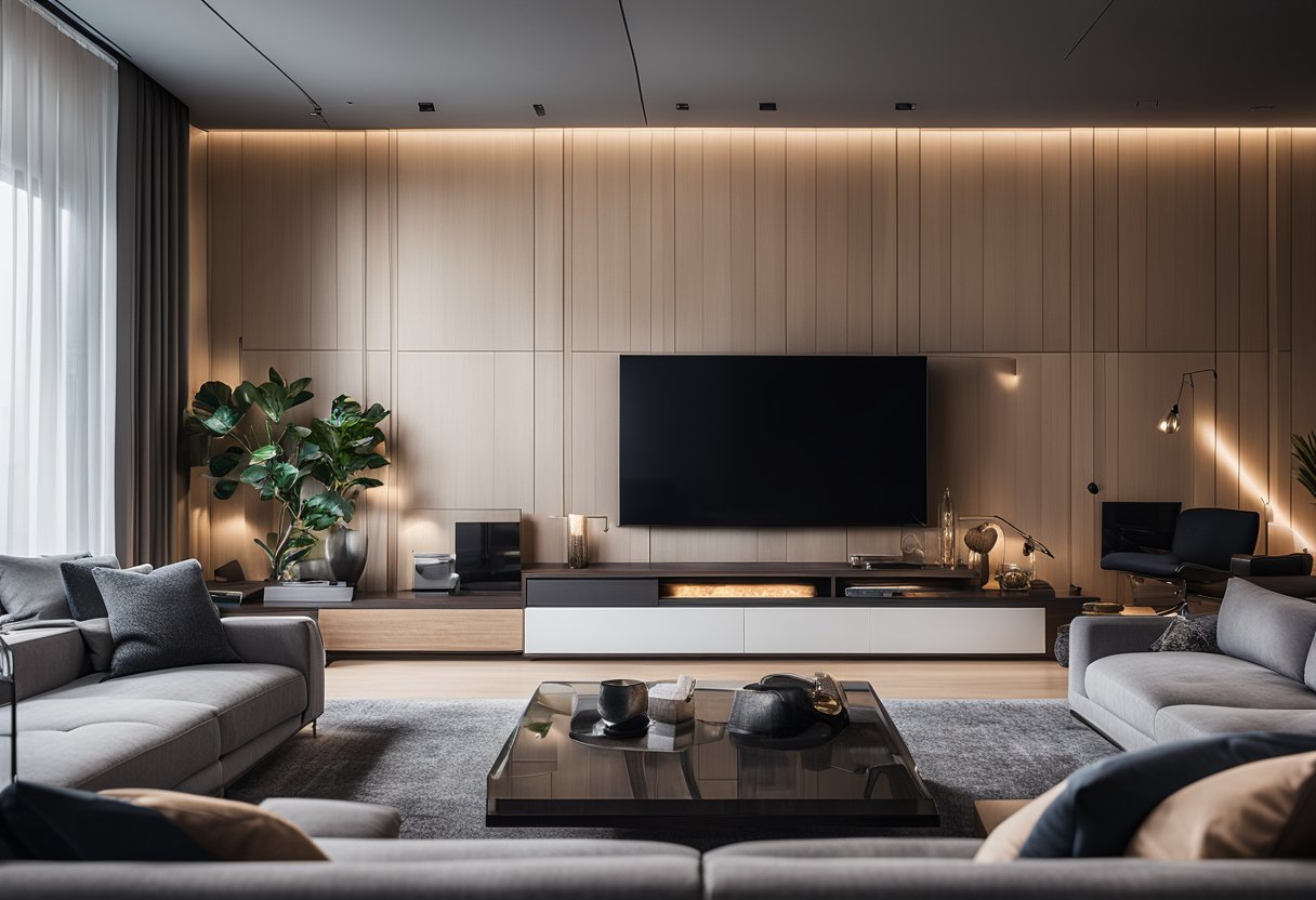 A sleek, modern living room with integrated technology: large TV, surround sound speakers, and smart home controls. Comfortable seating and ambient lighting complete the scene