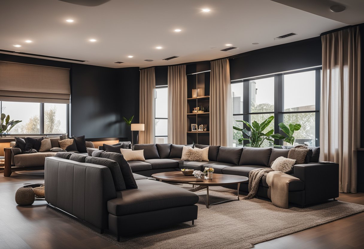 A cozy living room with plush seating, sleek modern aesthetics, and state-of-the-art home theater equipment arranged for optimal viewing