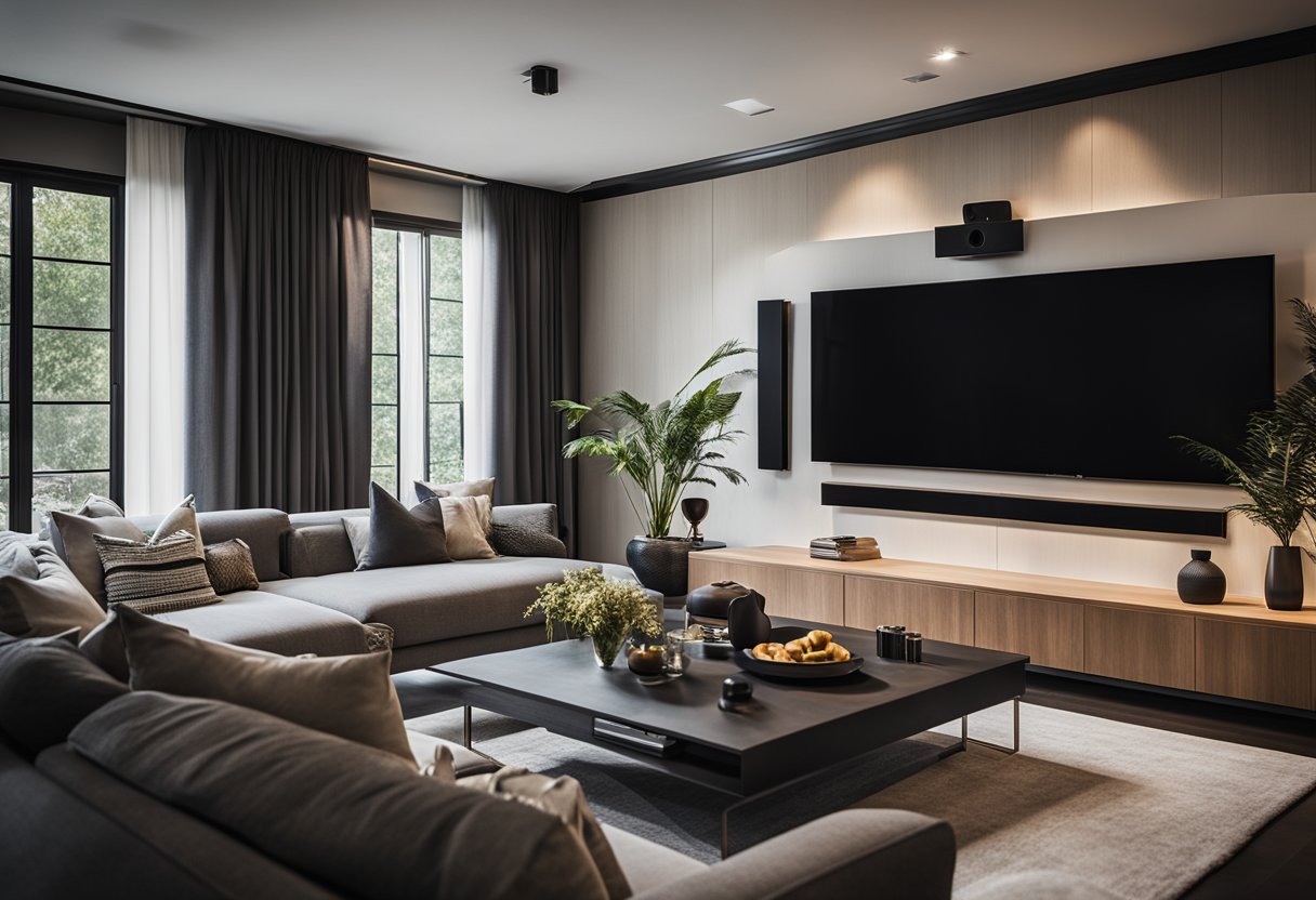 A cozy living room with a large flat-screen TV mounted on the wall, surrounded by a sleek home theater system with speakers and subwoofer. Comfortable seating arranged for optimal viewing experience