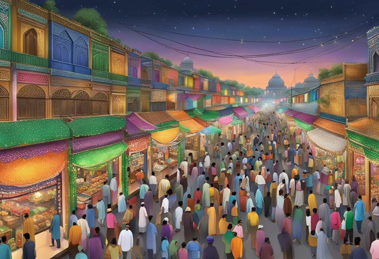 A bustling Gujranwala street, adorned with colorful lights and bustling with people preparing for Shab-e-Barat 2024. Shops display traditional sweets and festive decorations, while families gather for prayers and observances