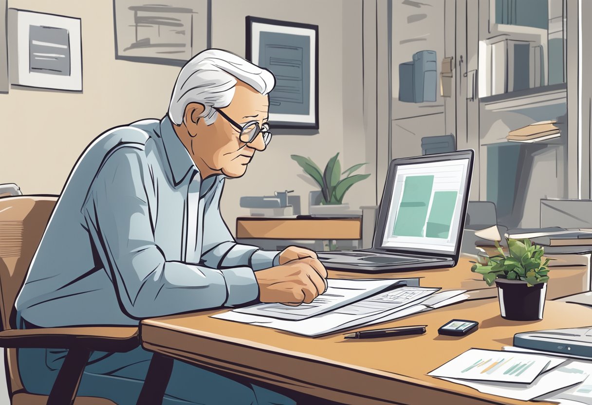 A senior sitting at a desk, reviewing a document labeled "Affiliate Commissions and Payouts." A calculator and laptop are on the desk, with a thoughtful expression on the senior's face