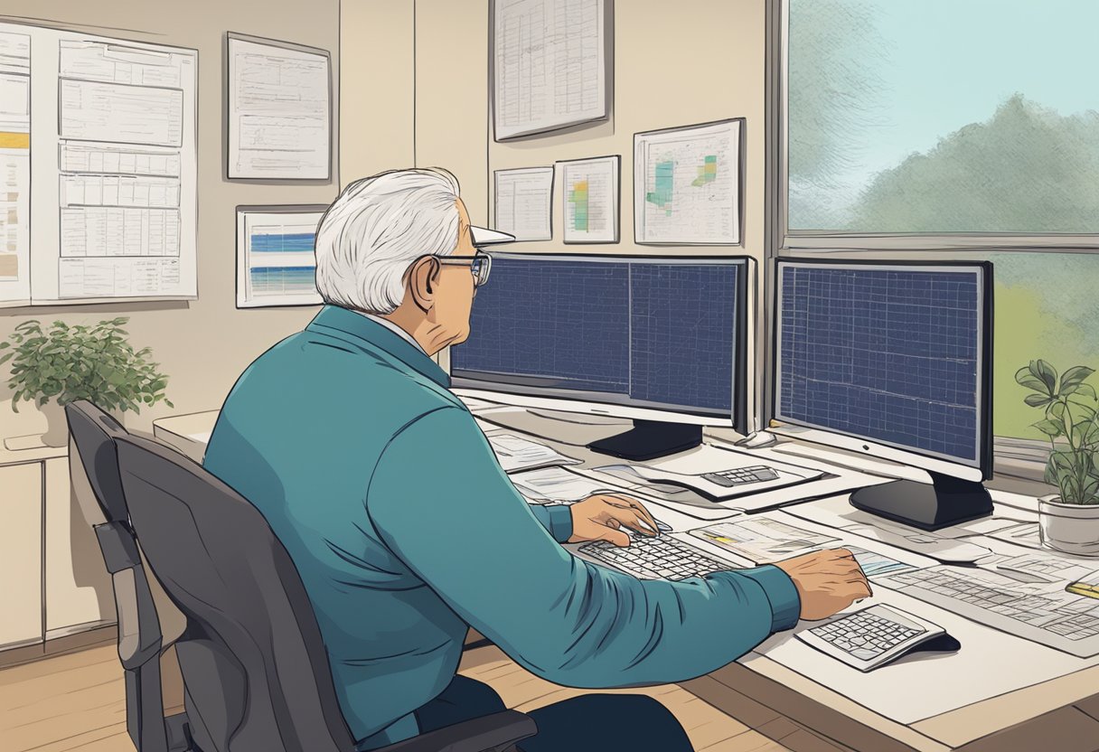 A senior sits at a computer, studying affiliate commission structures. A chart displays various payout percentages and earning potentials. The room is quiet and organized, with a focused atmosphere