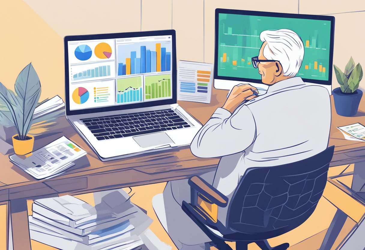 A senior with a laptop, analyzing affiliate commission structures and payout options, surrounded by charts and graphs