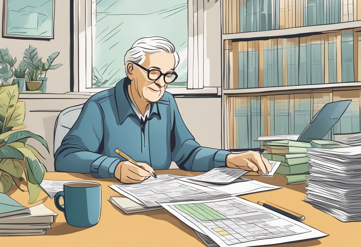 An elderly person receiving affiliate commission checks, surrounded by retirement planning documents and financial charts