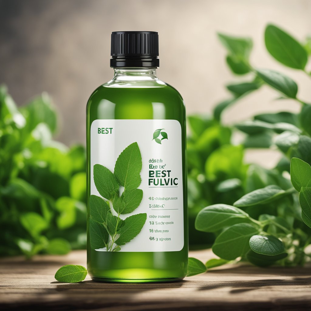 A bottle of best fulvic acid supplement sits on a wooden table, surrounded by fresh green herbs and a glass of water