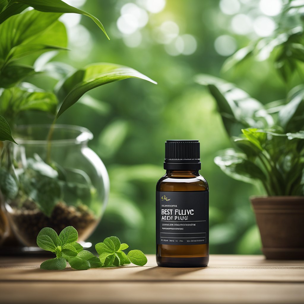 A bottle of best fulvic acid supplement stands on a wooden table, surrounded by lush green plants and a clear glass of water