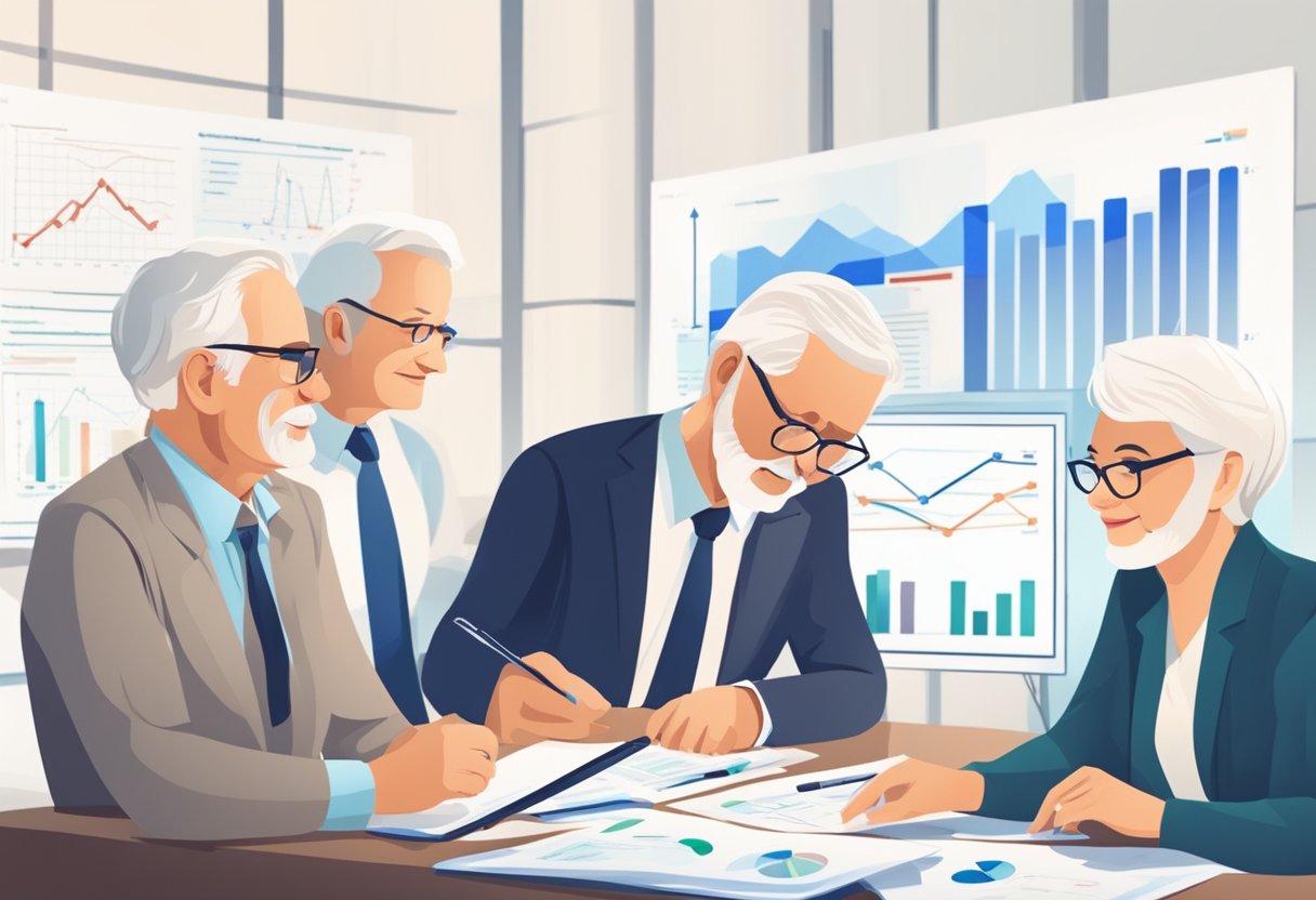 Senior affiliates reviewing commission reports, seeking solutions. Charts and graphs display payout trends. Discussions on challenges and strategies