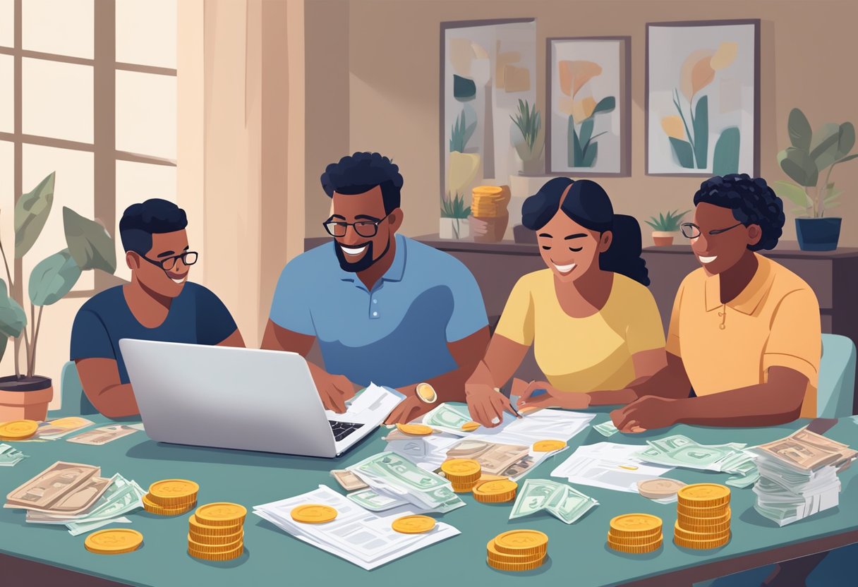 A family sits around a table, sorting through bills and receipts. A budget spreadsheet is open on a laptop, and a piggy bank is being filled with coins