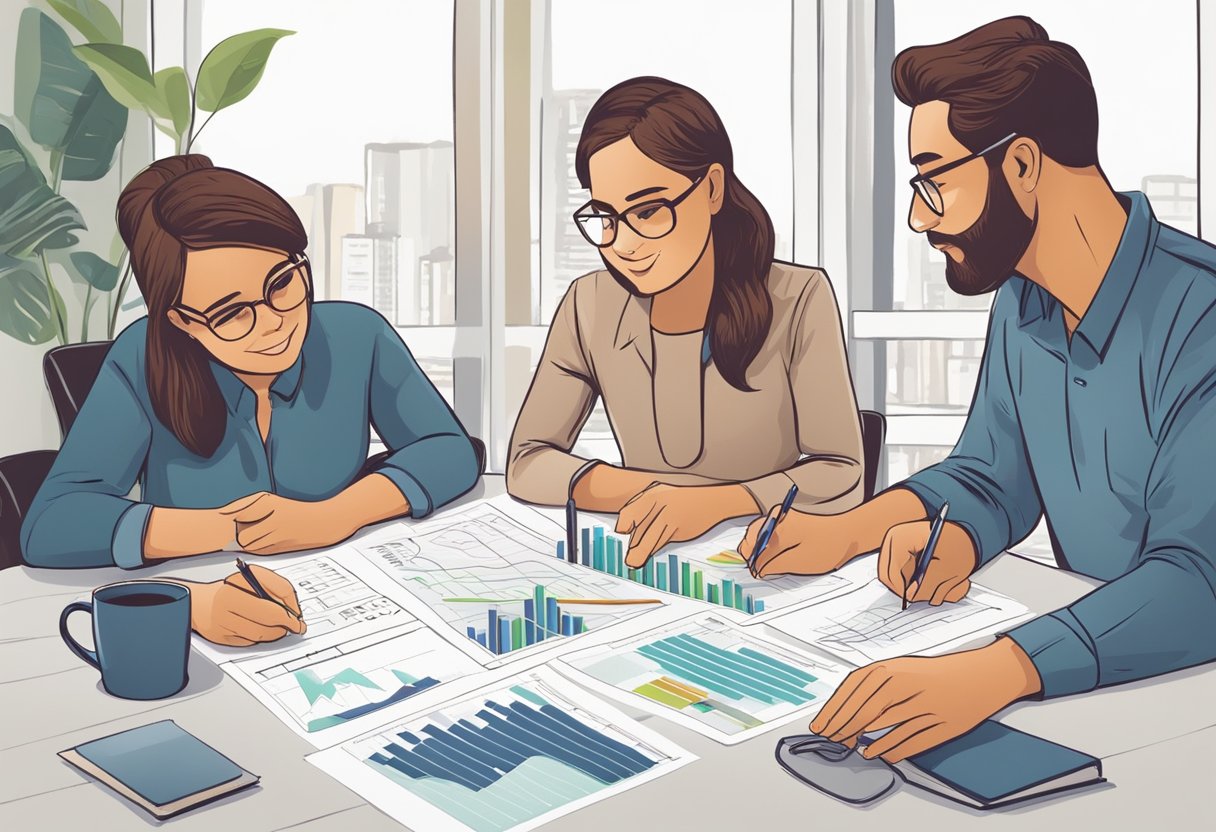 A family sitting around a table, discussing financial investments and savings. Charts and graphs are spread out in front of them, as they plan for their future