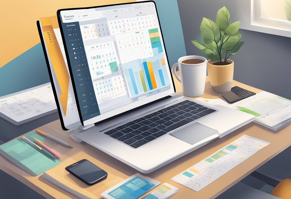 A desk with a laptop, calculator, and financial documents. A wall calendar and budgeting app displayed on the screen