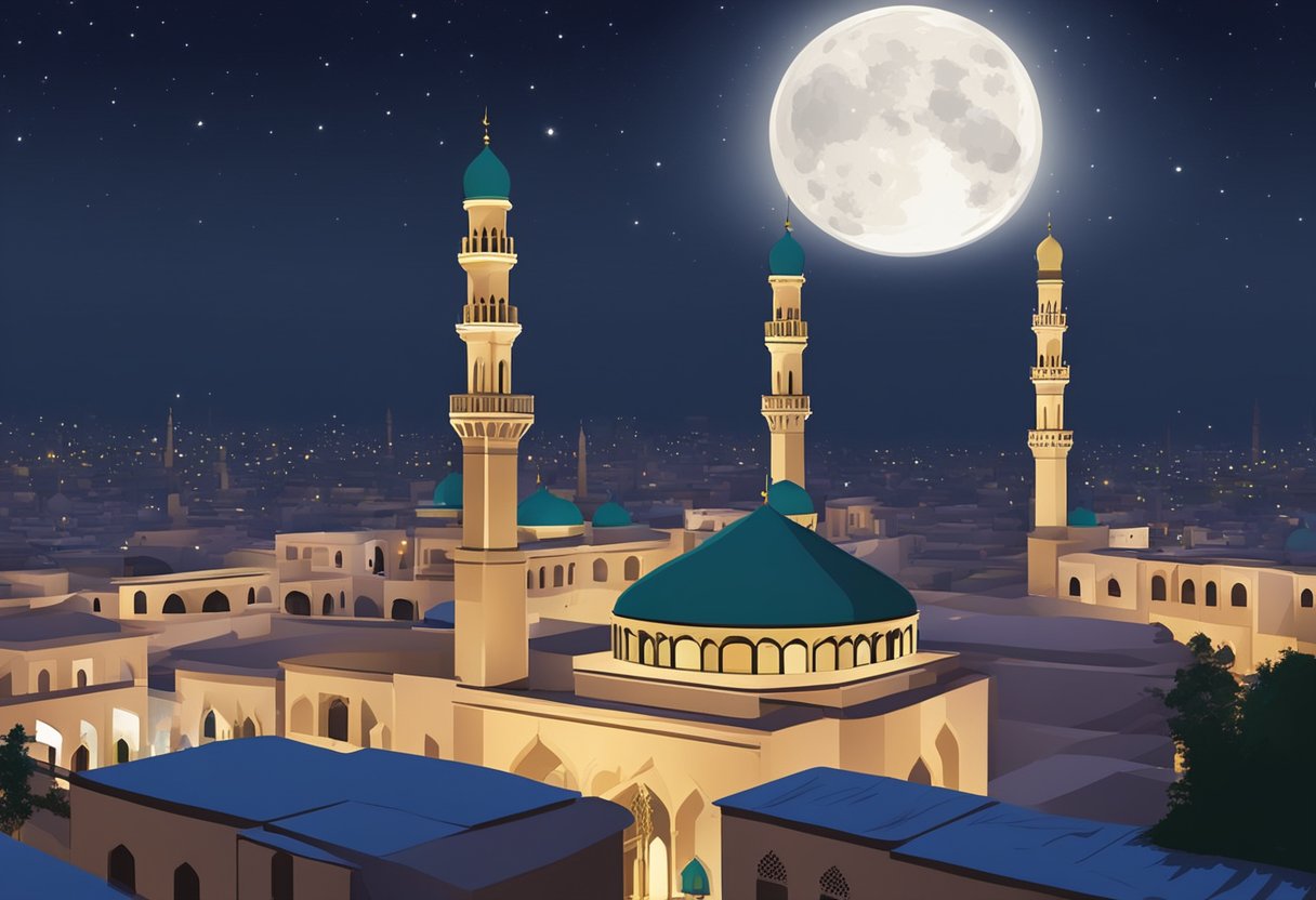 Shab-e-Barat 2024 in Peshawar: Night scene, moonlit sky, cityscape, mosque silhouette, people in prayer